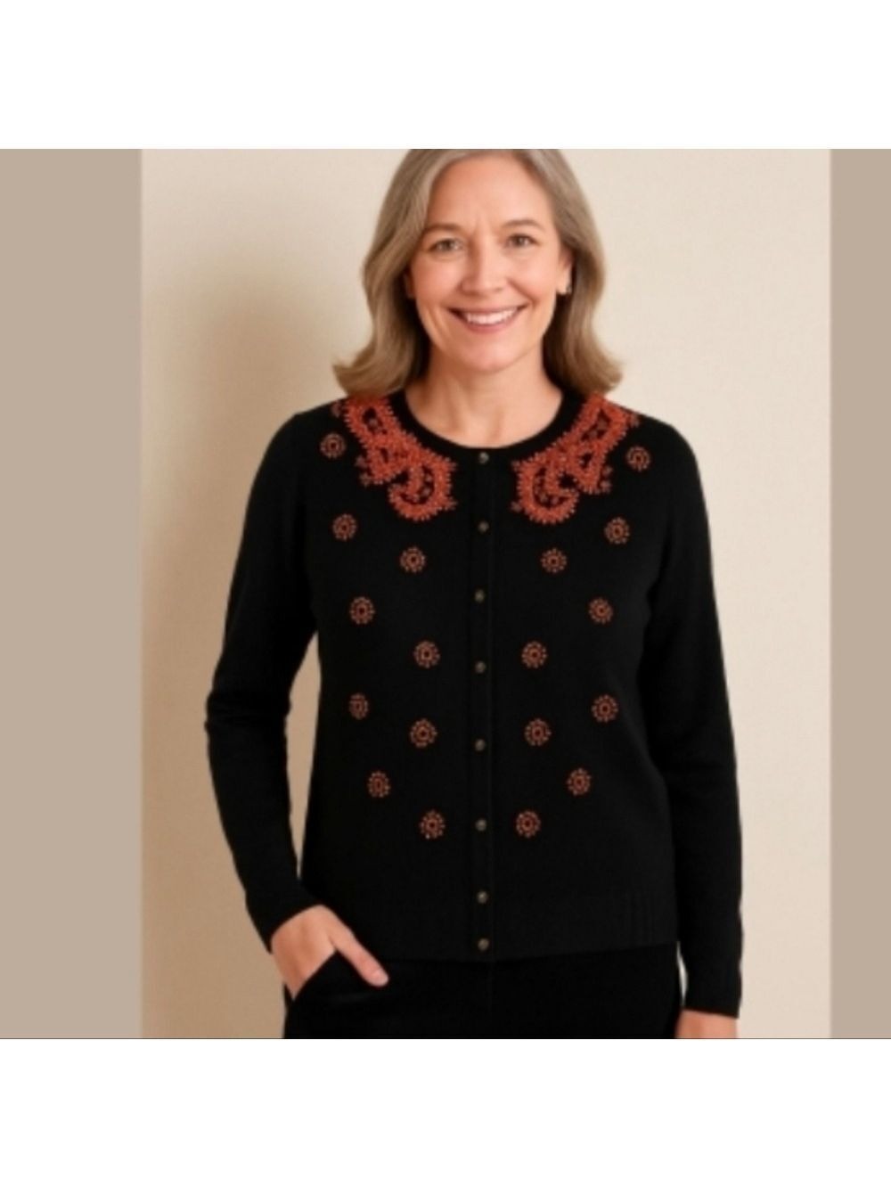 Belford Black Beaded Cardigan S Long Sleeve Saks Fifth Ave Quiet Luxury Orange